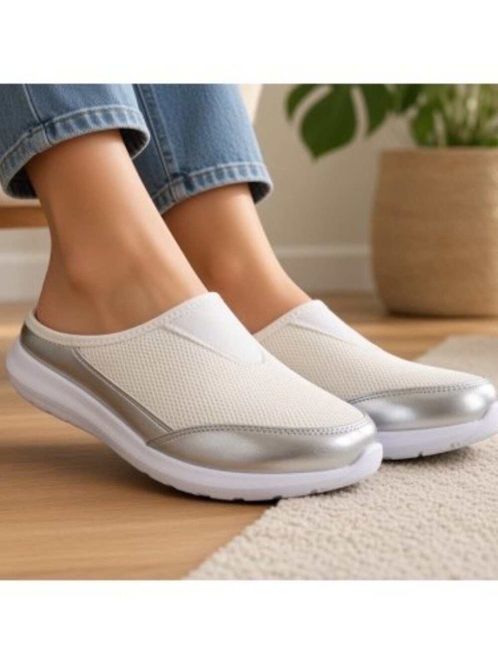 Avon CUSHION WALK White Silver Slip On Clog Memory Foam Shoes Ladies Size 8